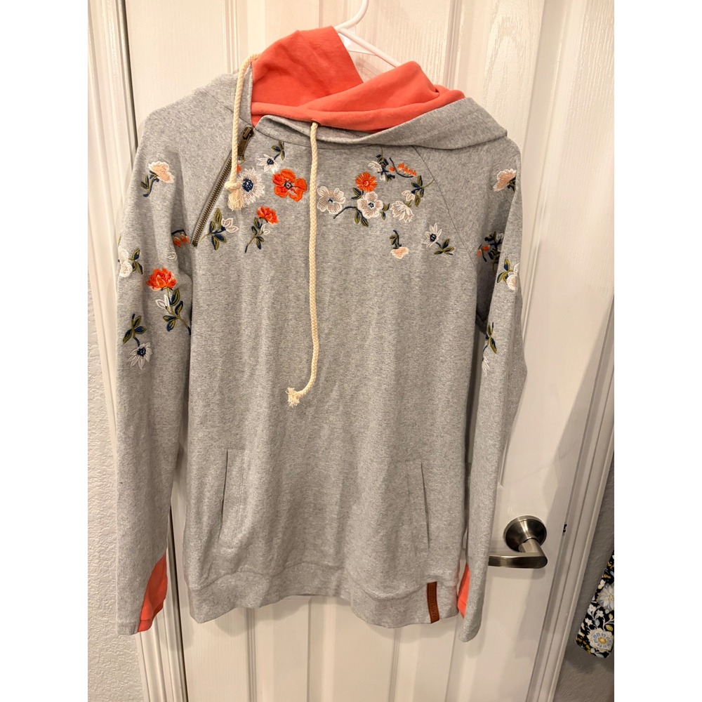 Ampersand Avenue Hoodie Gray Coral Floral Embroidered Side Zip Double Hood Small